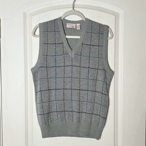 Vintage The Fox Collection Gray Grid Plaid Wool Blend V-Neck Sweater Vest Large